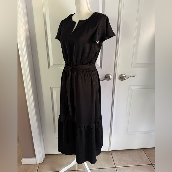 Lucky Brand Women's Flutter Sleeve Satin Tiered Midi Dress - Picture 6 of 16